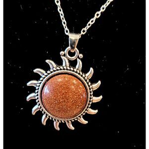 16" Silver Fine Chain with Solar Brownstone Sun Alloy Necklace extender 3"